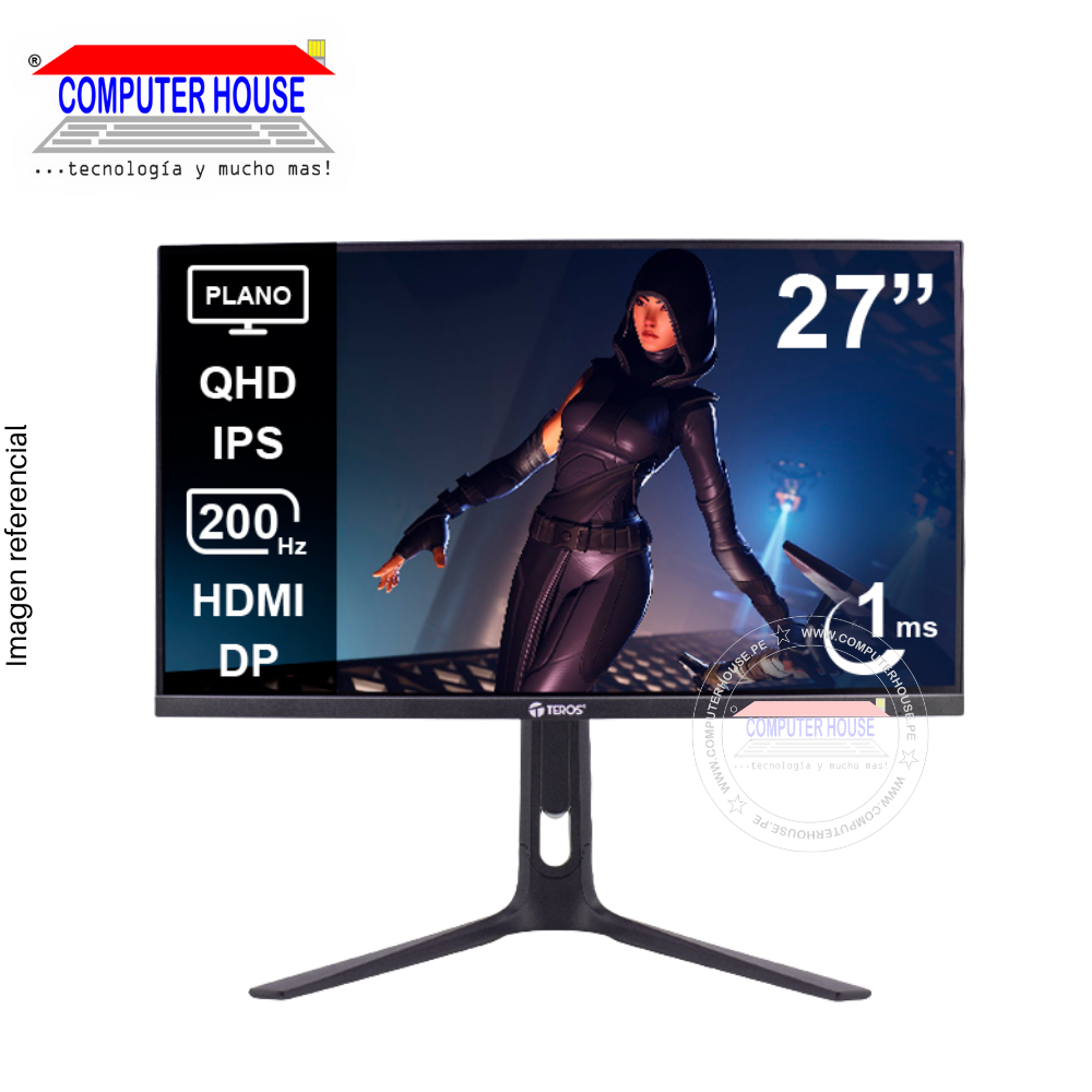 Monitor Gaming 27" Teros 2754G, 200Hz, 1MS, Plano, QHD IPS, 2560x1440, HDMIx1/DPx1/Audio-Out.
