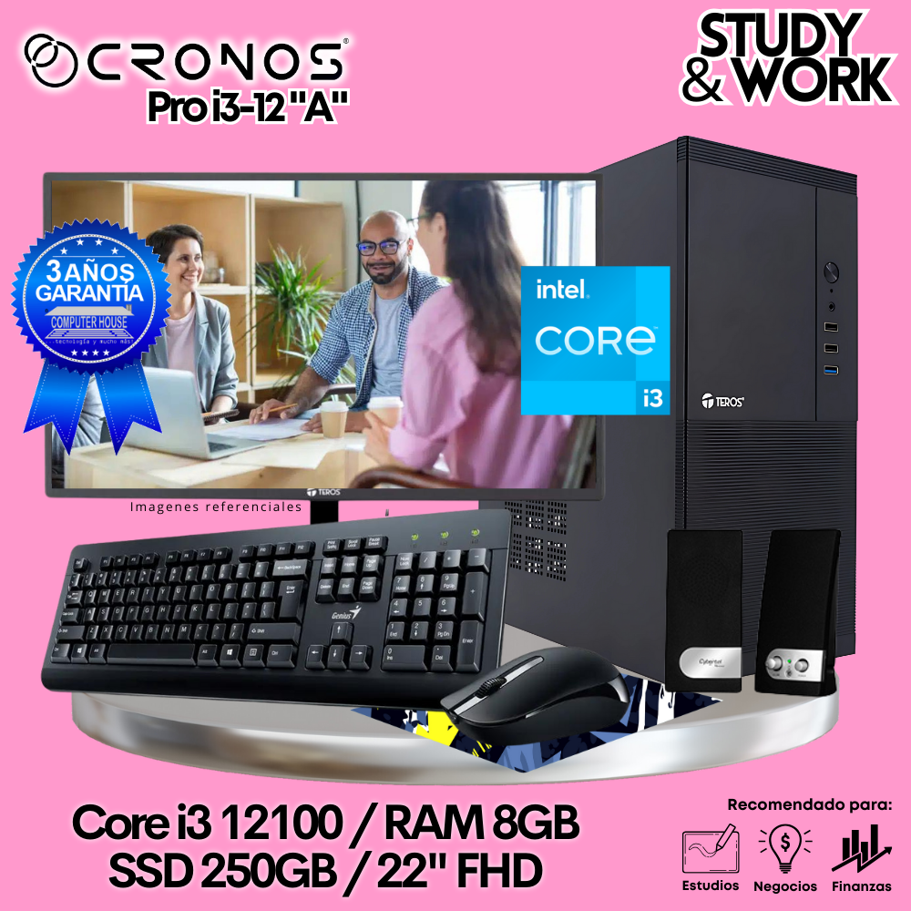 PC CRONOS Pro i3-12 "A", RAM 8GB, SSD 250GB, Monitor 22″ FHD, Kit Teclado + Mouse, Parlantes o Audífono.