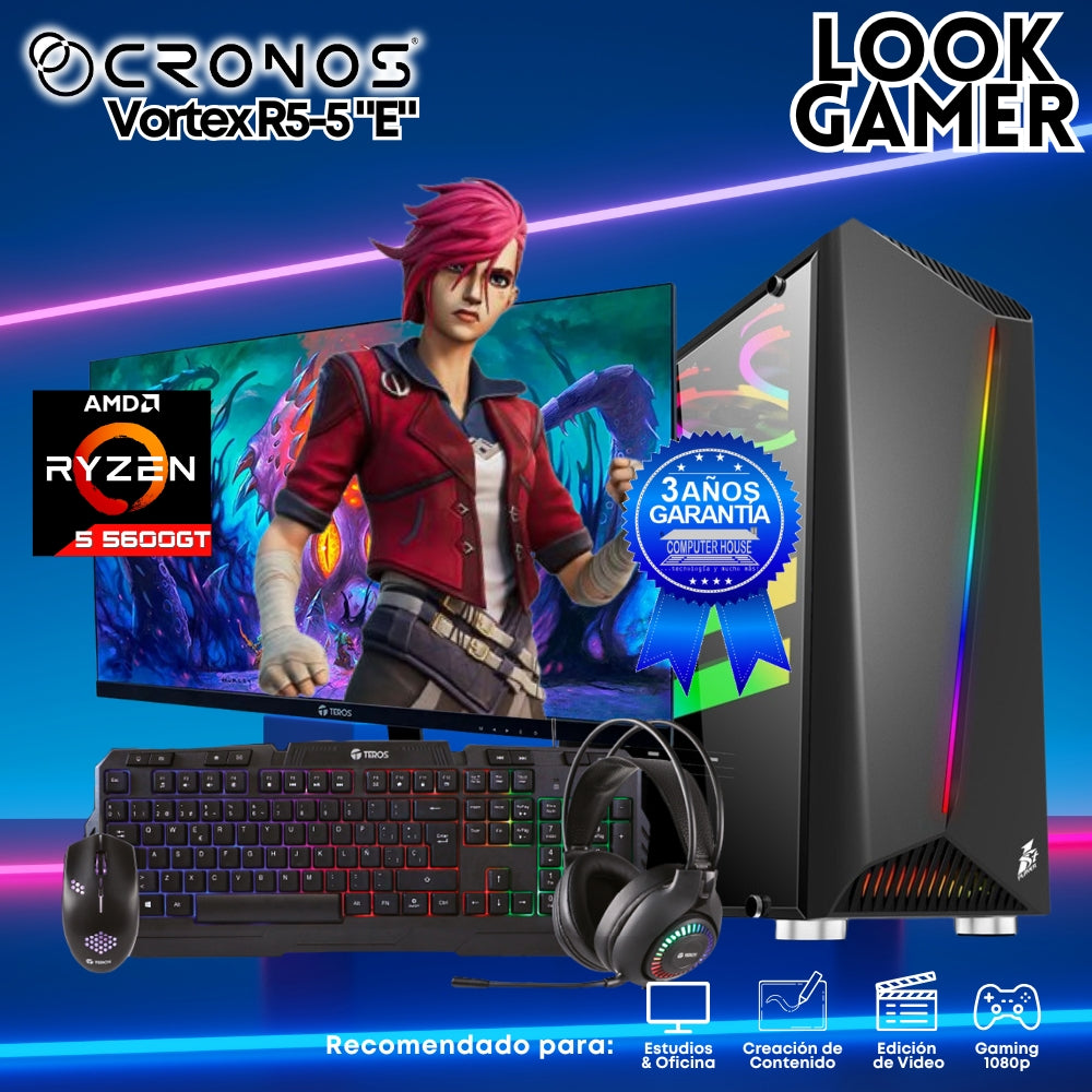 PC Look Gamer CRONOS Vortex R5-5 "E", RAM 16GB, SSD 500GB, Monitor 24″ FHD.