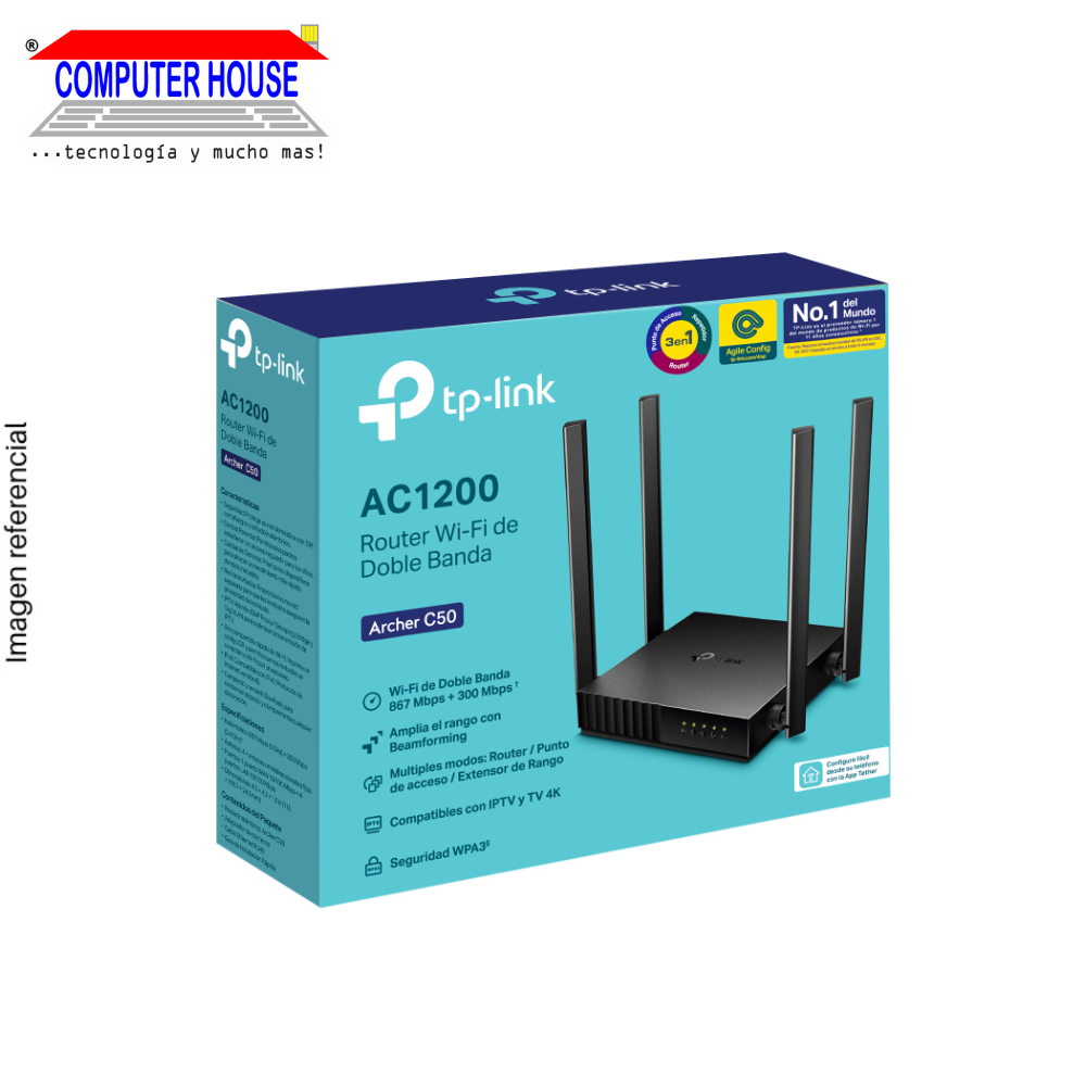 TP-LINK Archer C50 Router, AC1200, Wi-Fi 5, Dual Band 2.4GHz (up to 300Mbps) and 5GHz (up to 867Mbps). 