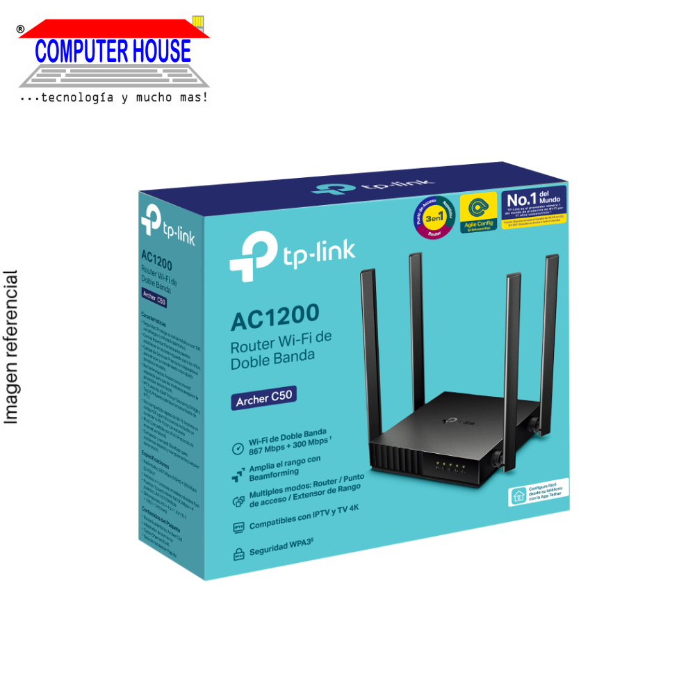 Router TP-LINK Archer C50, AC1200, Wi-Fi 5, Doble Banda 2.4GHz (hasta 300Mbps) y 5GHz (hasta 867Mbps).