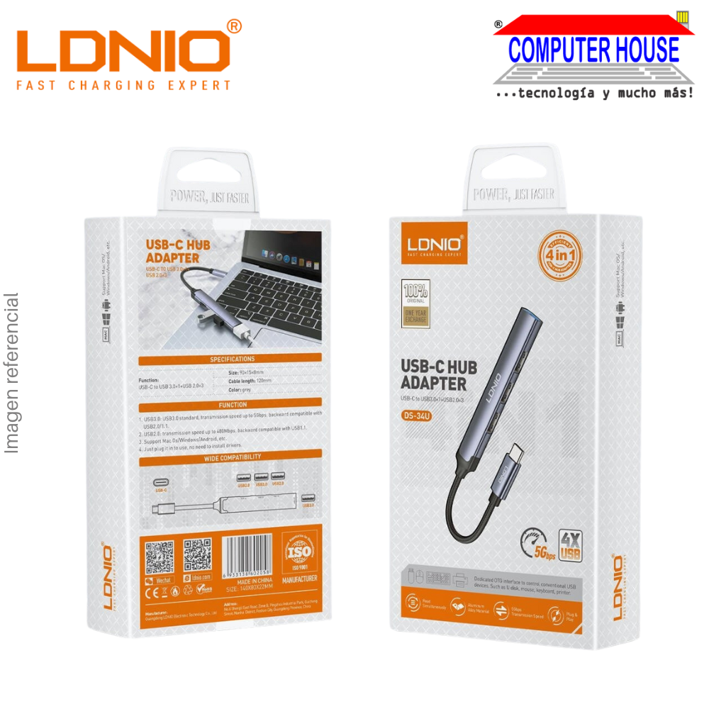 LDNIO DS-34U Type-C 4-in-1 USB Hub Extension - Silver