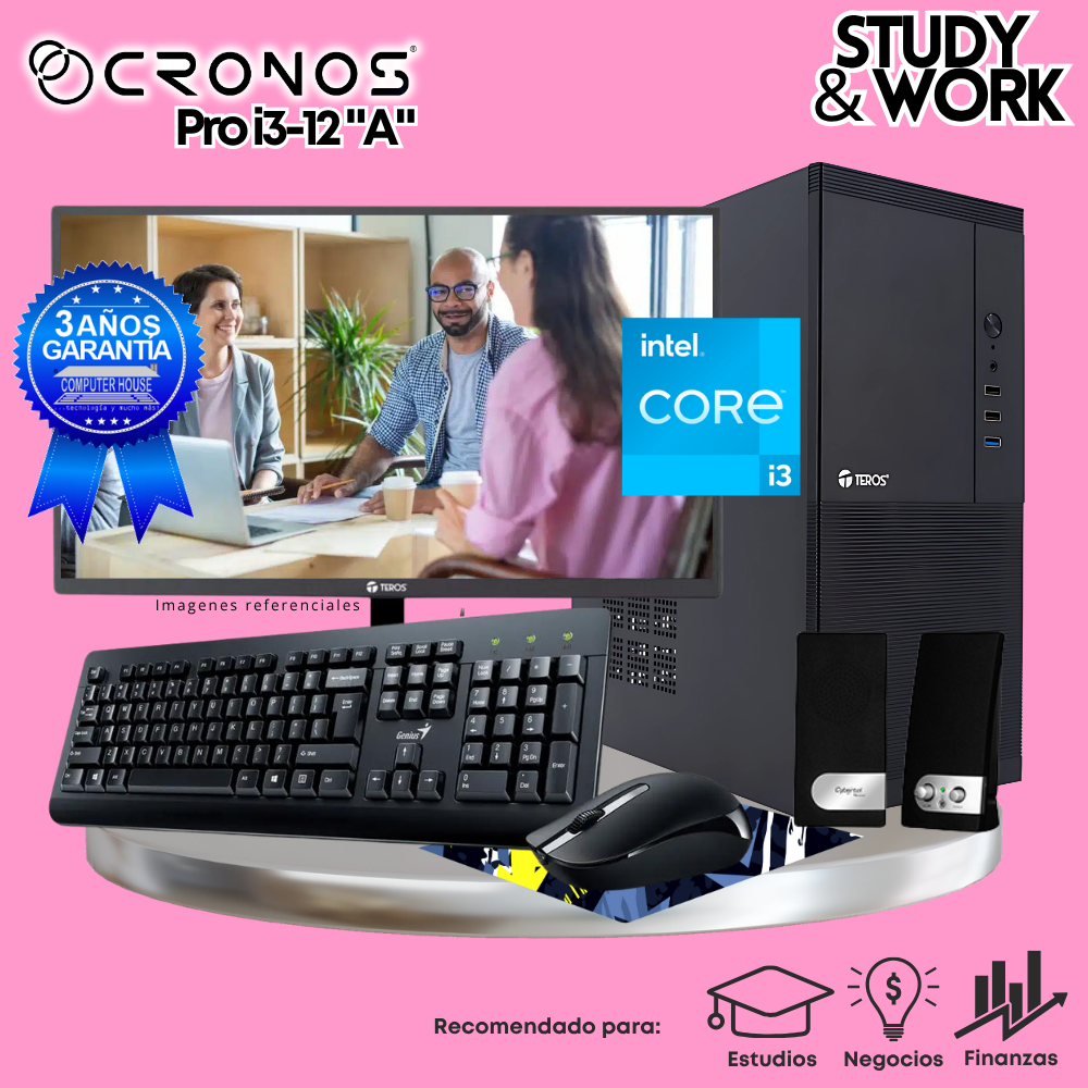 PC CRONOS Pro i3-12 "A", 8GB RAM, 250GB SSD, 22″ FHD Monitor, Keyboard + Mouse Kit, Speakers or Headphones.