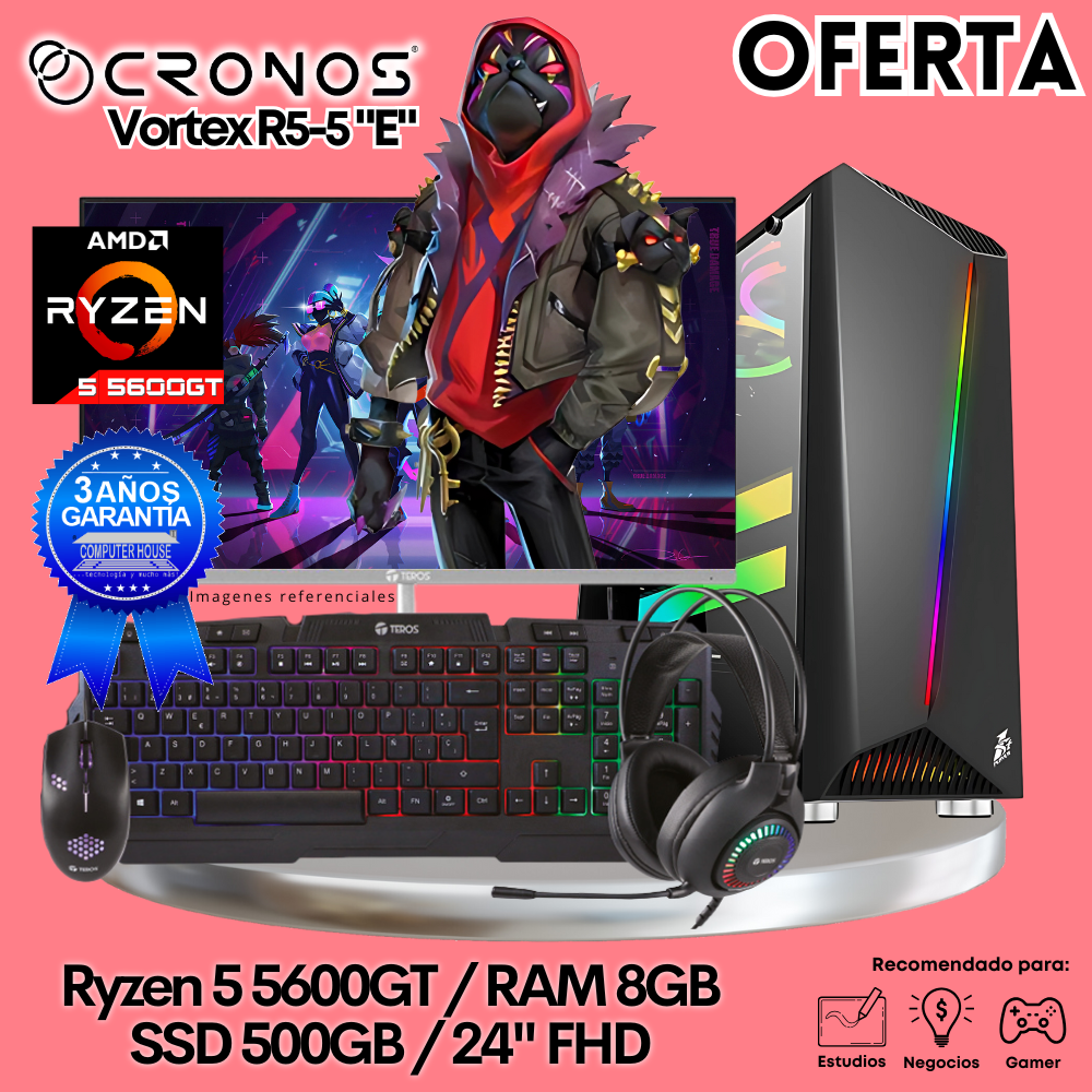 OFERTA: PC Look Gamer CRONOS Vortex  R5-5 "E", RAM 8GB, SSD 500GB, Monitor 24″ FHD.