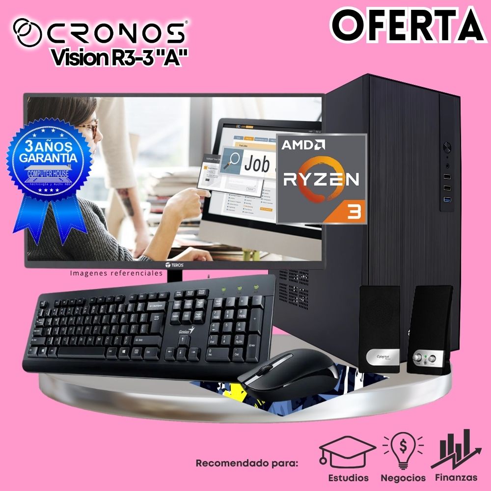 OFERTA: PC CRONOS Vision R3-3 "A", RAM 8GB, SSD 500GB, Monitor 24″ FHD, Kit Teclado + Mouse, Parlantes.