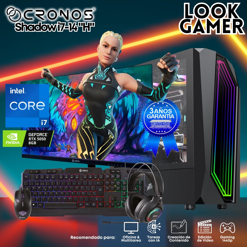 PC Look Gamer CRONOS Shadow i7-14 "H", RAM 16GB, SSD 1TB, Monitor 27″ FHD, Nvidia GeForce RTX5050 8GB.