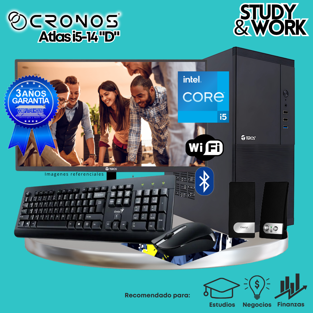 PC CRONOS Atlas i5-14 "D", RAM 32GB DDR5, SSD 2TB, Monitor 27″ FHD, Wi-Fi & Bluetooth, Kit Teclado + Mouse, Parlantes o Audífono.