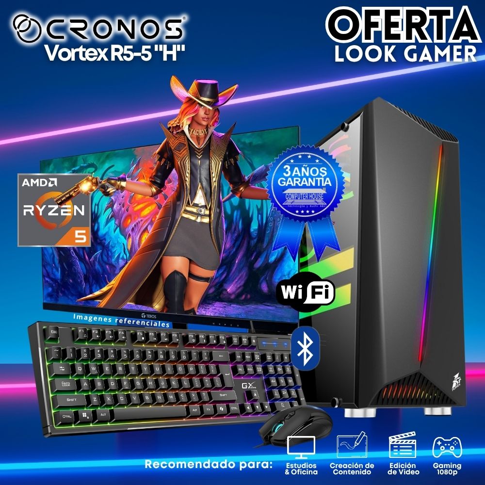 OFERTA: PC Look Gamer CRONOS Vortex R5-5 "H", RAM 16GB, SSD 1TB, Monitor 27″ FHD, Wi-Fi & Bluetooth, Kit Teclado + Mouse, Parlantes.