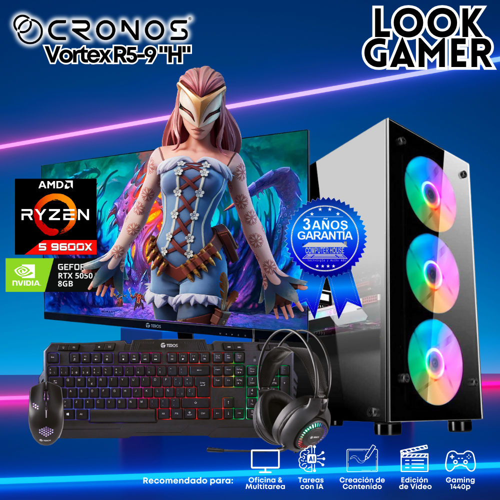 PC Look Gamer CRONOS Vortex R5-9 "H", RAM 16GB DDR5, SSD 1TB, Monitor 27″ FHD, Nvidia GeForce RTX5050 8GB.