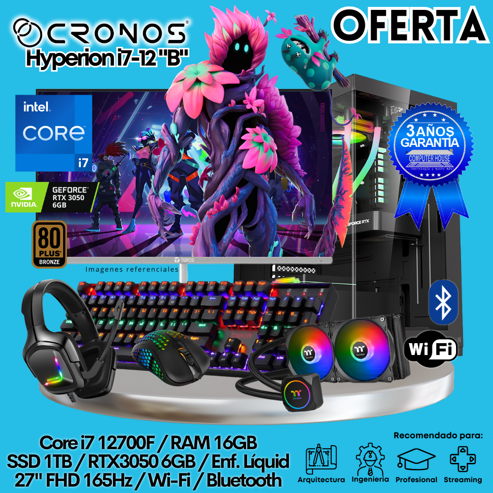 OFERTA: PC Xtreme CRONOS Hyperion i7-12 "B", RAM 16GB, SSD 1TB, RTX3050 6GB, Enfriamiento Líquido, Monitor 27″ FHD 165Hz, Wi-Fi & Bluetooth.