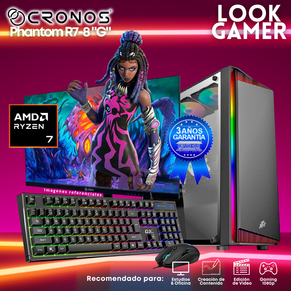 PC Look Gamer CRONOS Phantom R7-8 "G", RAM 16GB DDR5, SSD 1TB, Monitor 27″ FHD.