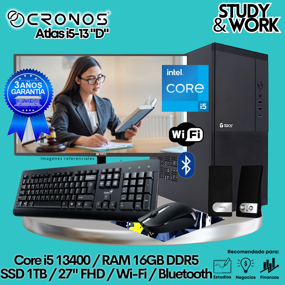 PC CRONOS Atlas i5-13 "D", 16GB DDR5 RAM, 1TB SSD, 27″ FHD Monitor, Wi-Fi &amp; Bluetooth, Keyboard + Mouse Kit, Speakers or Headphones.