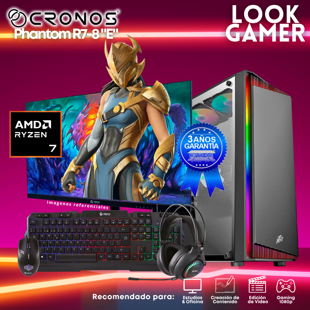PC Look Gamer CRONOS Phantom R7-8 "E", RAM 8GB DDR5, SSD 500GB, Monitor 24″ FHD.