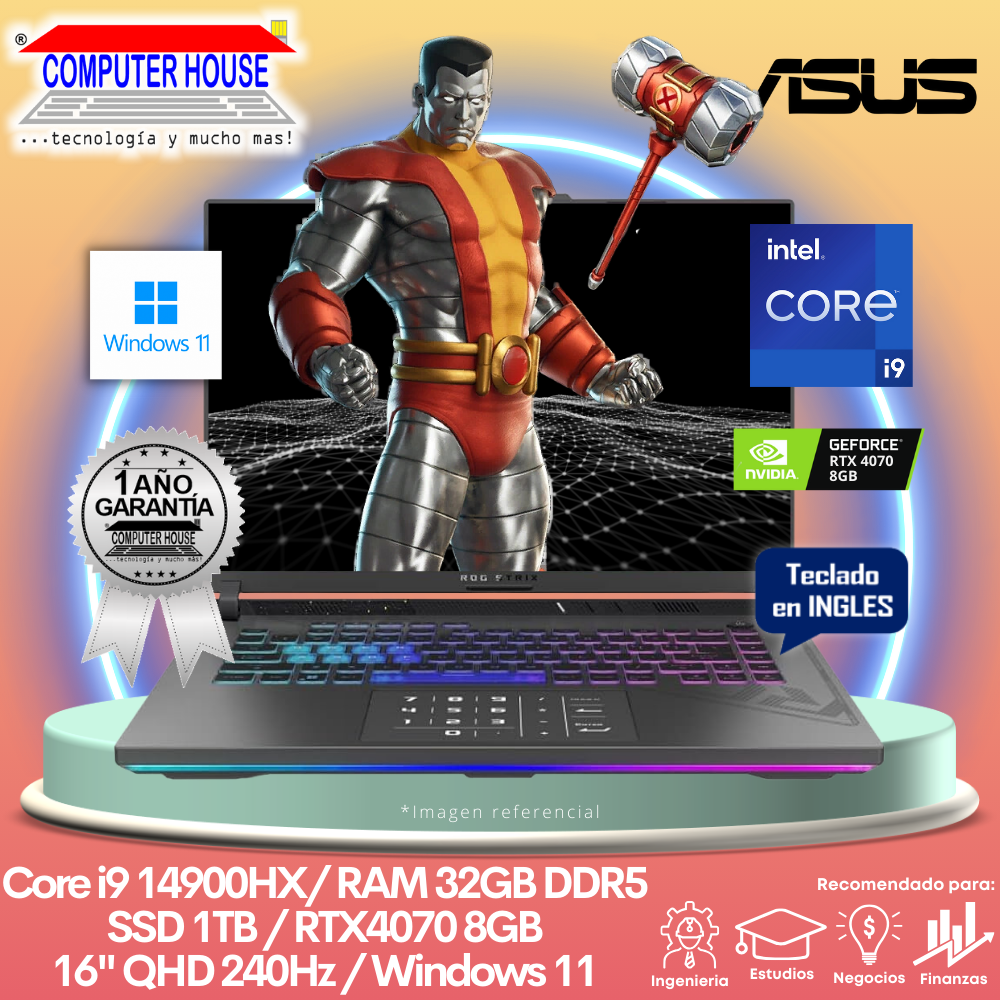 Laptop ASUS RogStrix G16, Core i9-14900HX, RAM 32GB DDR5, SSD 1TB, Video RTX4070 8GB, 16″ QHD 240Hz, Teclado en Inglés, Windows 11.