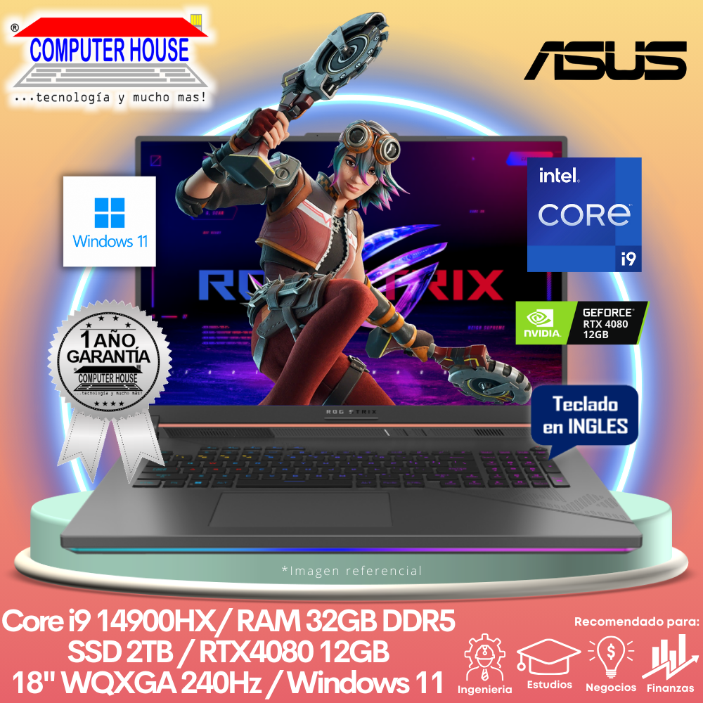 Laptop ASUS RogStrix G18, Core i9-14900HX, RAM 32GB DDR5, SSD 2TB, Video RTX4080 12GB, 18″ WQXGA 240Hz, Teclado en Inglés, Windows 11.