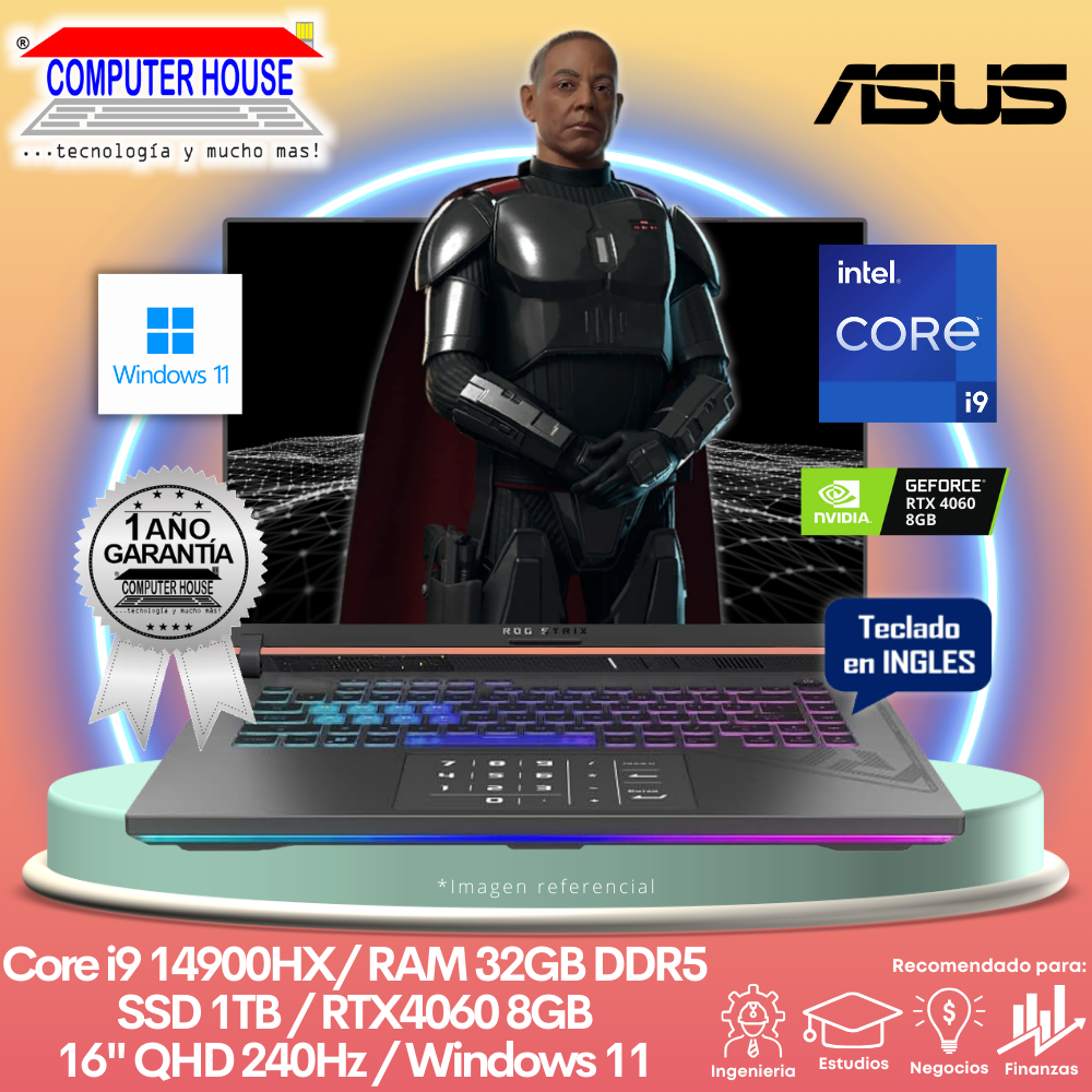 Laptop ASUS StrixScar, Core i9-14900HX, RAM 32GB DDR5, SSD 1TB, Video RTX4060 8GB, 16″ QHD 240Hz, Teclado en Inglés, Windows 11.