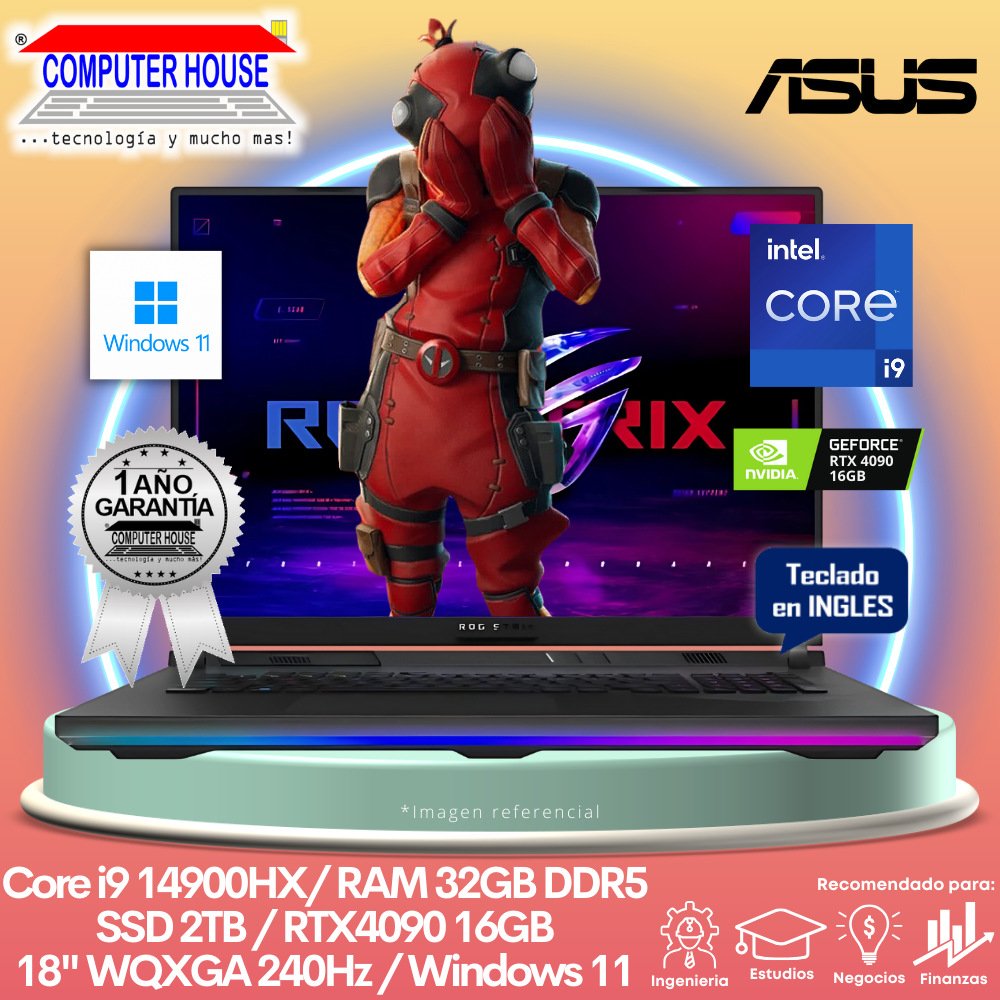 Laptop ASUS StrixScar, Core i9-14900HX, RAM 32GB DDR5, SSD 2TB, Video RTX4090 16GB, 18″ WQXGA 240Hz, Teclado en Inglés, Windows 11 Pro.