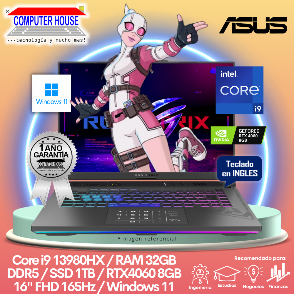 Laptop ASUS StrixScar, Core i9-13980HX, RAM 32GB DDR5, SSD 1TB, Video RTX4060 8GB, 16