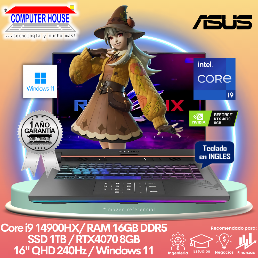 Laptop ASUS StrixScar, Core i9-14900HX, RAM 16GB DDR5, SSD 1TB, Video RTX4070 8GB, 16″ QHD 240Hz, Teclado en Inglés, Windows 11.