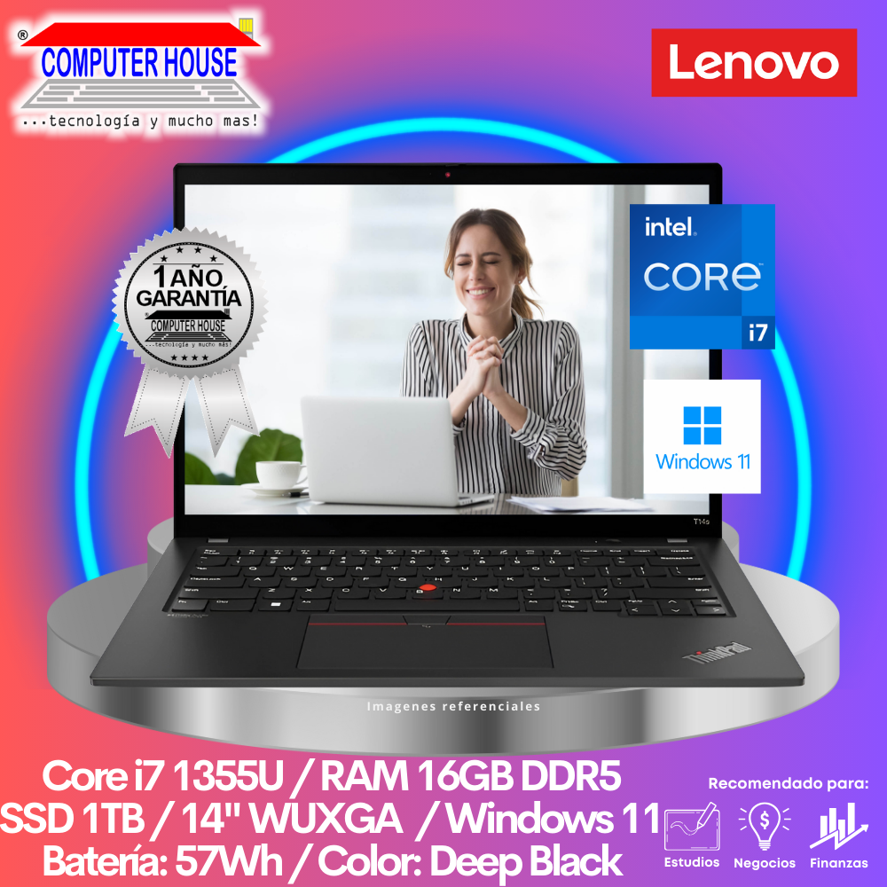 LENOVO ThinkPad T14s Laptop, Core i7-1355U, 16GB DDR5 RAM, 1TB SSD, 14" WUXGA, Windows 11.