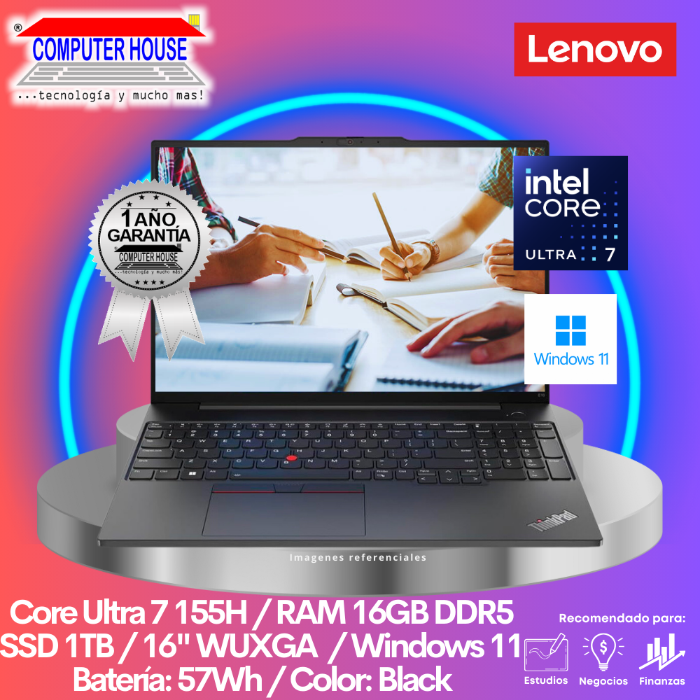 LENOVO ThinkPad E16 Laptop, Core Ultra 7-155H, 16GB DDR5 RAM, 1TB SSD, 16" WUXGA, Windows 11.
