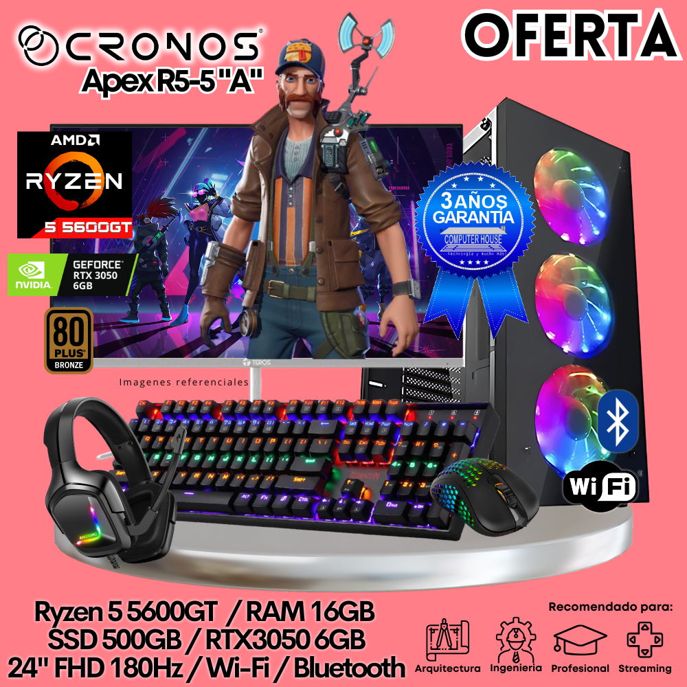 OFERTA: PC Xtreme CRONOS Apex R5-5 "A", RAM 16GB, SSD 500GB, RTX3050 6GB, Monitor 24″ FHD 180Hz, Wi-Fi & Bluetooth.