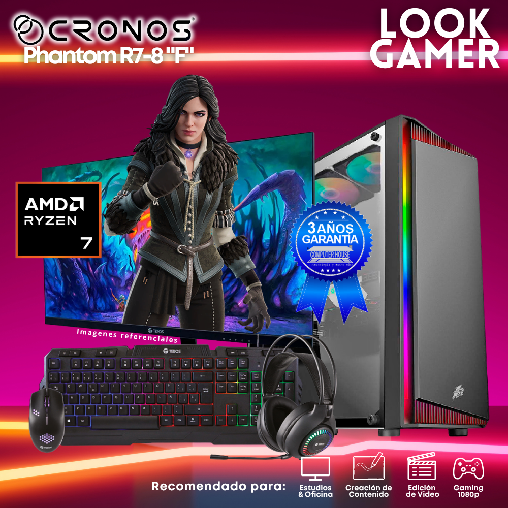 PC Look Gamer CRONOS Phantom R7-8 "F", RAM 16GB DDR5, SSD 500GB, Monitor 24″ FHD.