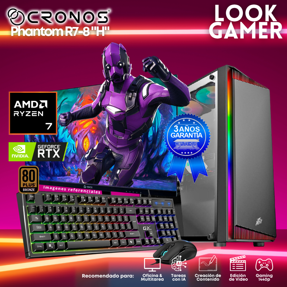 PC Look Gamer CRONOS Phantom R7-8 "H", RAM 16GB DDR5, SSD 500GB, Nvidia GeForce RTX3050 6GB, Monitor 27″ FHD.