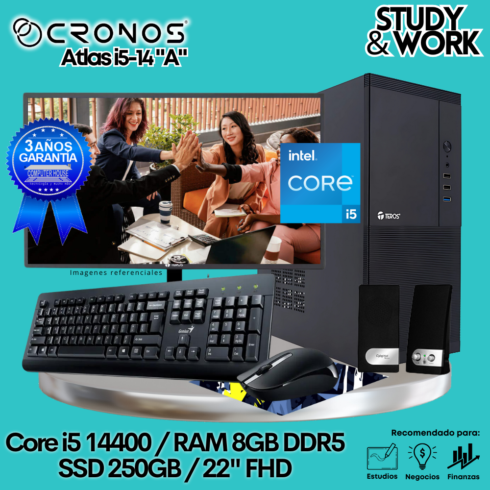 PC CRONOS Atlas i5-14 "A", 8GB DDR5 RAM, 250GB SSD, 22″ FHD Monitor, Keyboard + Mouse Kit, Speakers or Headphones.