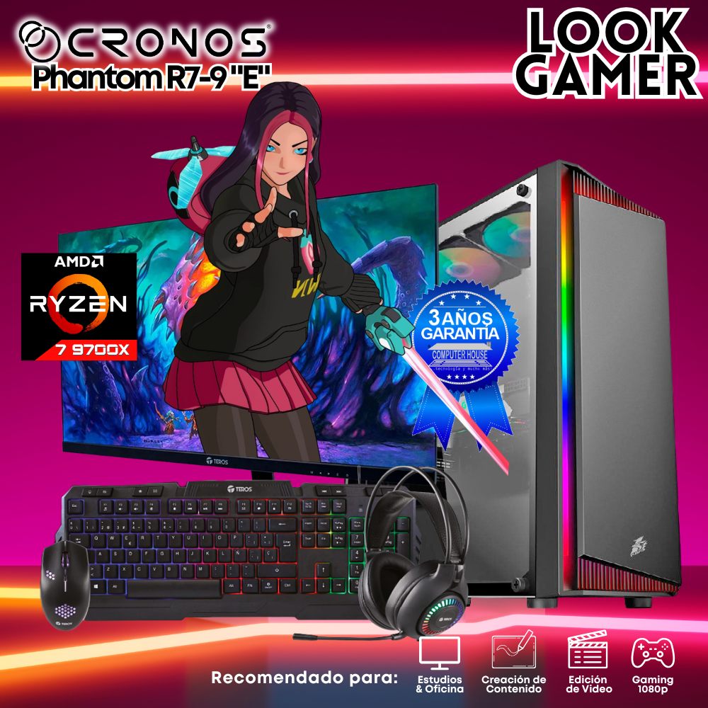 PC Look Gamer CRONOS Phantom R7-9 "E", RAM 16GB DDR5, SSD 500GB, Monitor 24″ FHD.