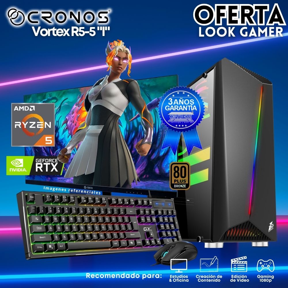 OFERTA: PC Look Gamer CRONOS Vortex R5-5 "I", RAM 16GB, SSD 500GB, Nvidia GeForce RTX3050 6GB, Monitor 27″ FHD, Kit Teclado + Mouse, Parlantes.