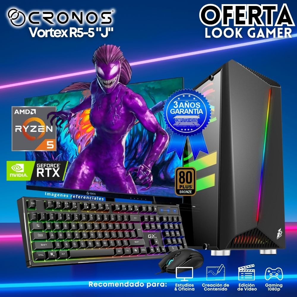 OFERTA: PC Look Gamer CRONOS Vortex R5-5 "J", RAM 16GB, SSD 1TB, Nvidia GeForce RTX5050 8GB, Monitor 27″ FHD, Kit Teclado + Mouse, Parlantes.