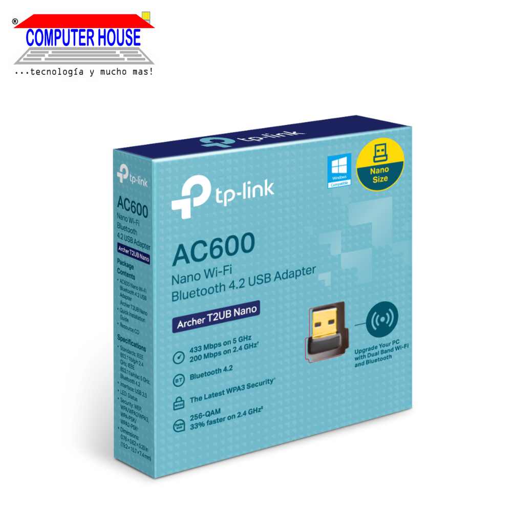 TP-LINK Archer T2UB Nano WiFi &amp; Bluetooth Adapter, AC600, Dual Band 2.4GHz (up to 200Mbps) and 5GHz (up to 433Mbps), Bluetooth 4.2. 