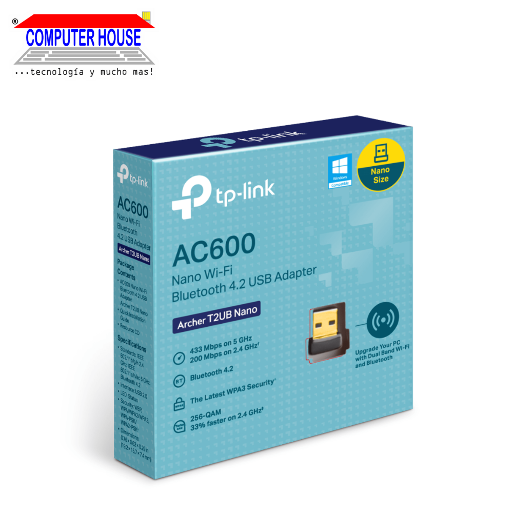 Adaptador WiFi & Bluetooth TP-LINK Archer T2UB Nano, AC600, Doble Banda 2.4GHz (hasta 200Mbps) y 5GHz (hasta 433Mbps), Bluetooth 4.2.