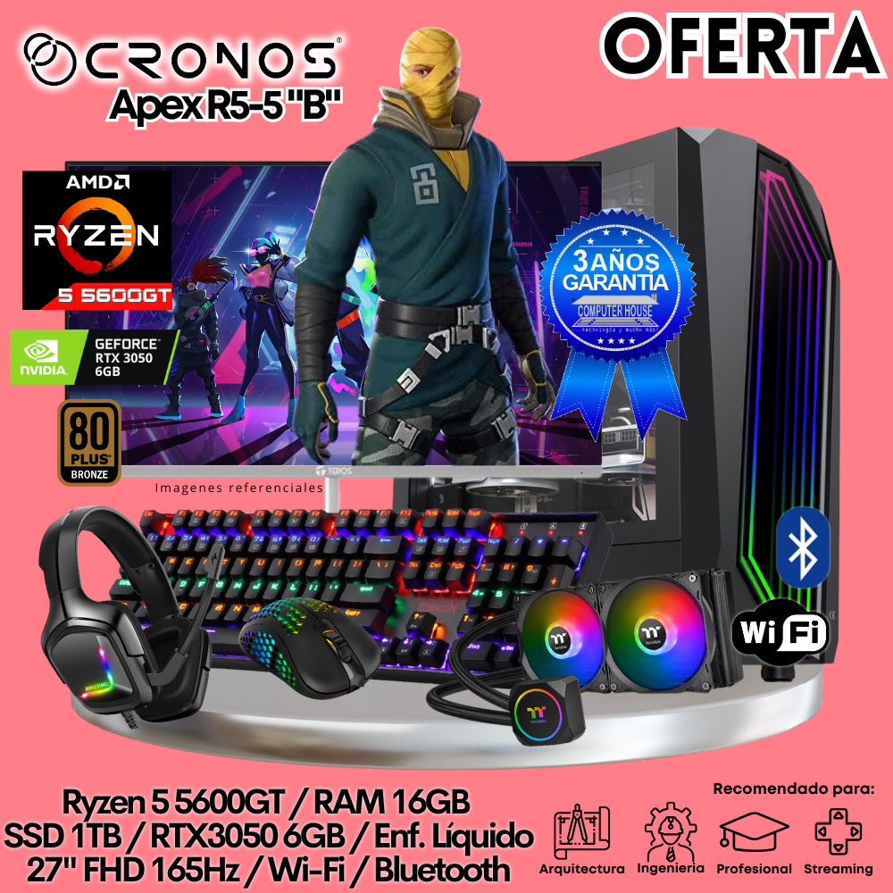 OFERTA: PC Xtreme CRONOS Apex R5-5 "B", RAM 16GB, SSD 1TB, RTX3050 6GB, Enfriamiento Líquido, Monitor 27″ FHD 165Hz, Wi-Fi & Bluetooth.