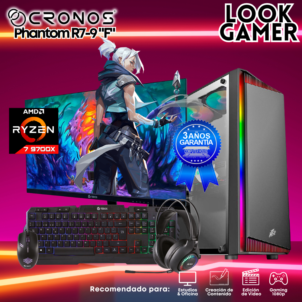 PC Look Gamer CRONOS Phantom R7-9 "F", RAM 16GB DDR5, SSD 1TB, Monitor 24″ FHD.