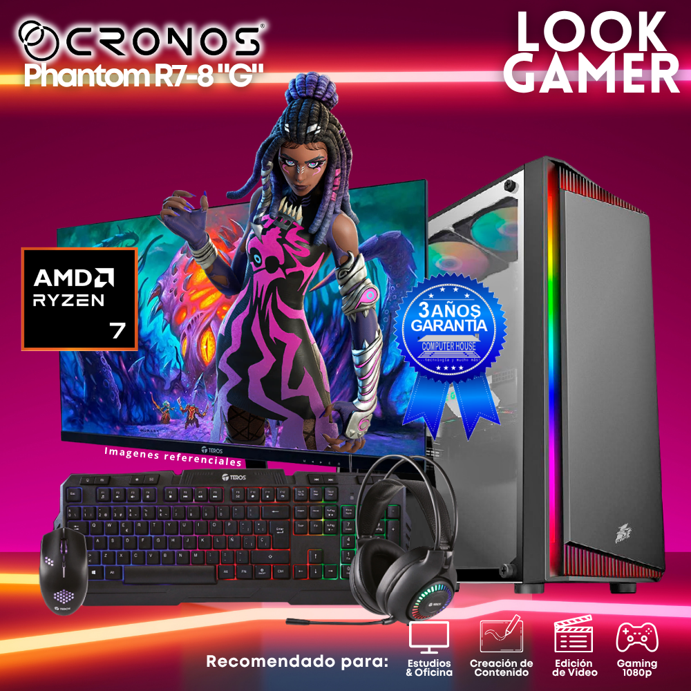 PC Look Gamer CRONOS Phantom R7-8 "G", RAM 16GB DDR5, SSD 1TB, Monitor 27″ FHD.