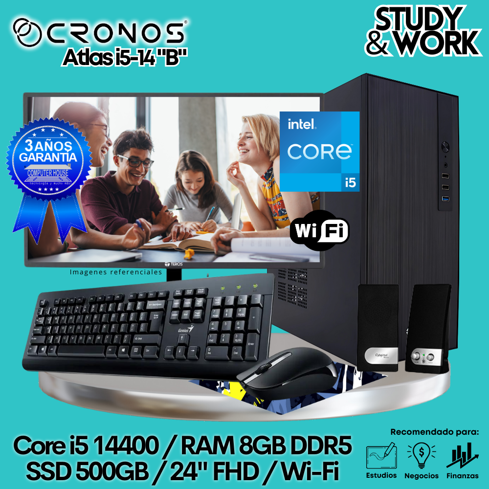 PC CRONOS Atlas i5-14 "B", 8GB DDR5 RAM, 500GB SSD, 24″ FHD Monitor, Wi-Fi, Keyboard + Mouse Kit, Speakers or Headphones.