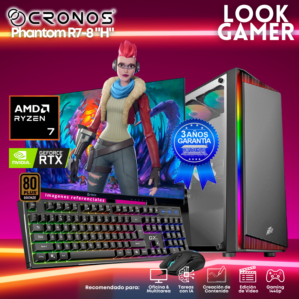 PC Look Gamer CRONOS Phantom R7-8 "I", RAM 16GB DDR5, SSD 1TB, Nvidia GeForce RTX5050 8GB, Monitor 27″ FHD.