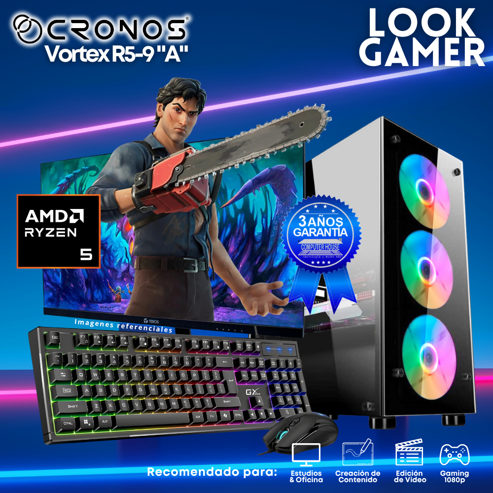 PC Look Gamer CRONOS Vortex R5-9 "A", RAM 8GB DDR5, SSD 500GB, Monitor 24″ FHD.