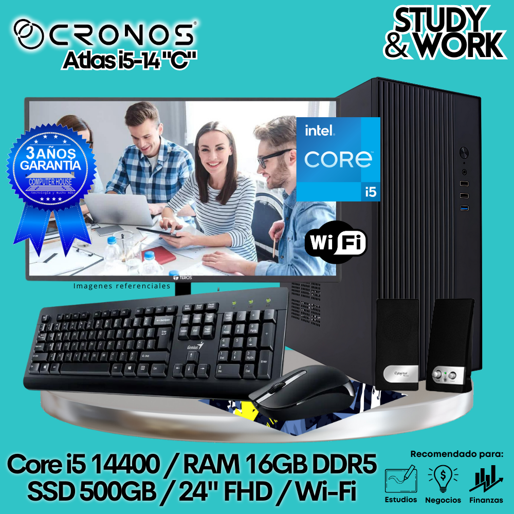 PC CRONOS Atlas i5-14 "C", 16GB DDR5 RAM, 500GB SSD, 24″ FHD Monitor, Wi-Fi, Keyboard + Mouse Kit, Speakers or Headphones.