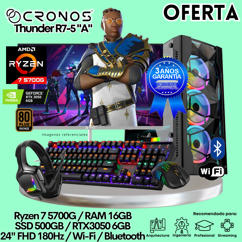 OFERTA: PC Xtreme CRONOS Thunder R7-5 "A", RAM 16GB, SSD 500GB, RTX3050 6GB, Monitor 24″ FHD 180Hz, Wi-Fi & Bluetooth.