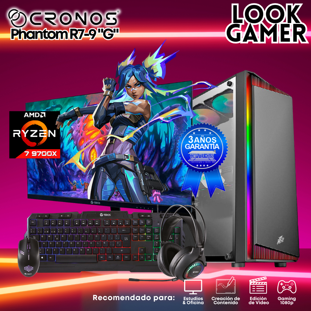 PC Look Gamer CRONOS Phantom R7-9 "G", RAM 16GB DDR5, SSD 1TB, Monitor 27″ FHD.