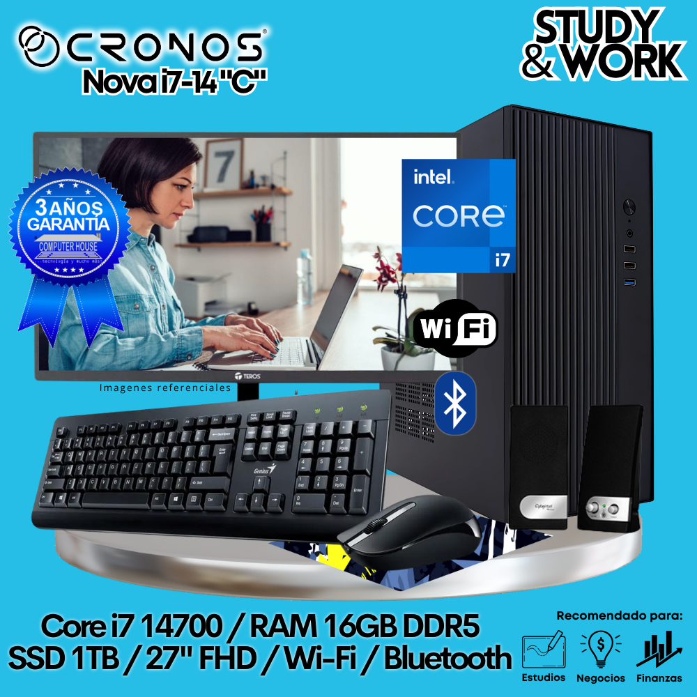 PC CRONOS Nova i7-14 "C", RAM 16GB DDR5, SSD 1TB, Monitor 27″ FHD, Wi-Fi & Bluetooth, Kit Teclado + Mouse, Parlantes o Audífono.