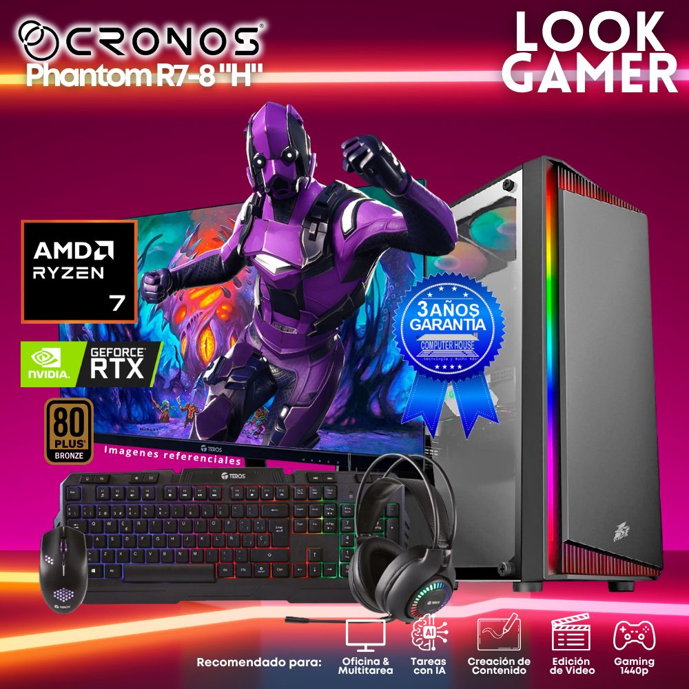 PC Look Gamer CRONOS Phantom R7-8 "H", RAM 16GB DDR5, SSD 500GB, Nvidia GeForce RTX3050 6GB, Monitor 27″ FHD.