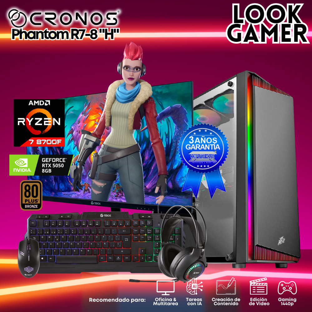 PC Look Gamer CRONOS Phantom R7-8 "I", RAM 16GB DDR5, SSD 1TB, RTX5050 8GB, Monitor 27″ FHD.