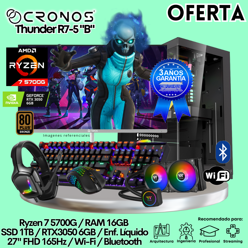 OFERTA: PC Xtreme CRONOS Thunder R7-5 "B", RAM 16GB, SSD 1TB, RTX3050 6GB, Enfriamiento Líquido, Monitor 27″ FHD 165Hz, Wi-Fi & Bluetooth.