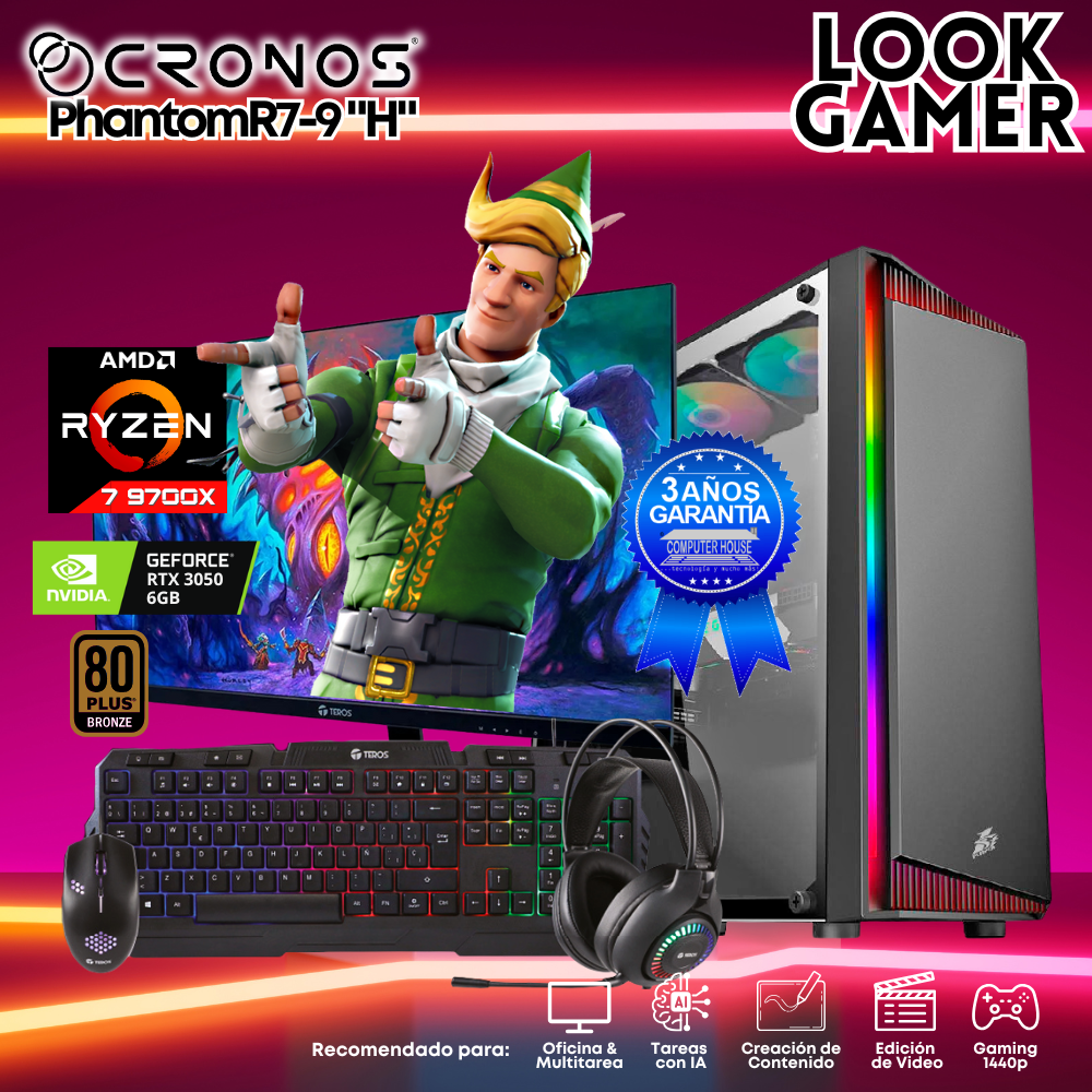 PC Look Gamer CRONOS Phantom R7-9 "H", RAM 16GB DDR5, SSD 1TB, RTX3050 6GB, Monitor 27″ FHD.