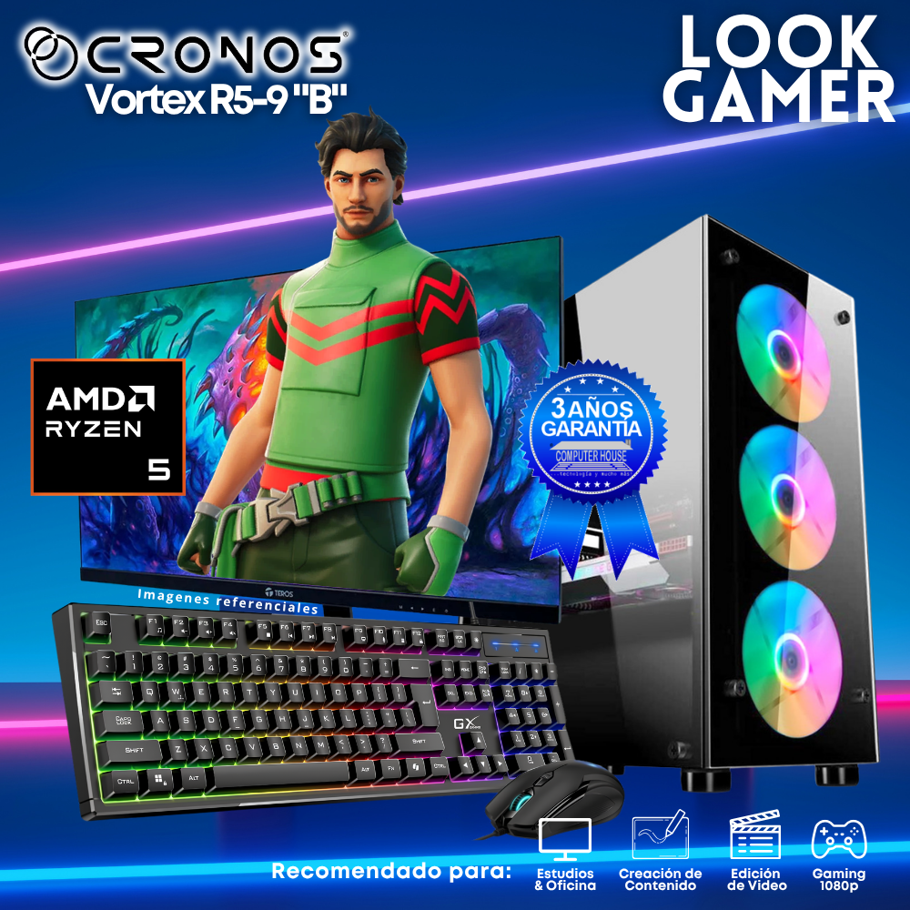 PC Look Gamer CRONOS Vortex R5-9 "B", RAM 16GB DDR5, SSD 500GB, Monitor 24″ FHD.