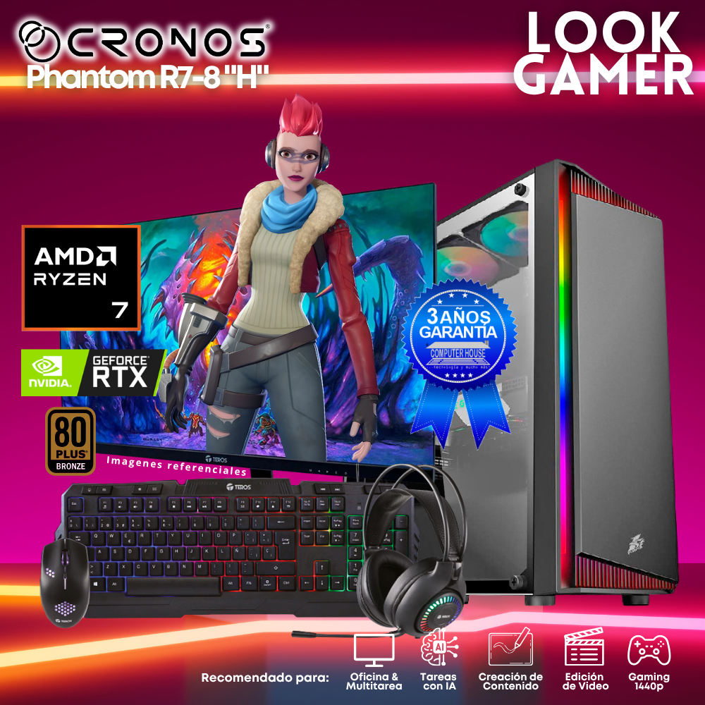 PC Look Gamer CRONOS Phantom R7-8 "I", RAM 16GB DDR5, SSD 1TB, Nvidia GeForce RTX5050 8GB, Monitor 27″ FHD.